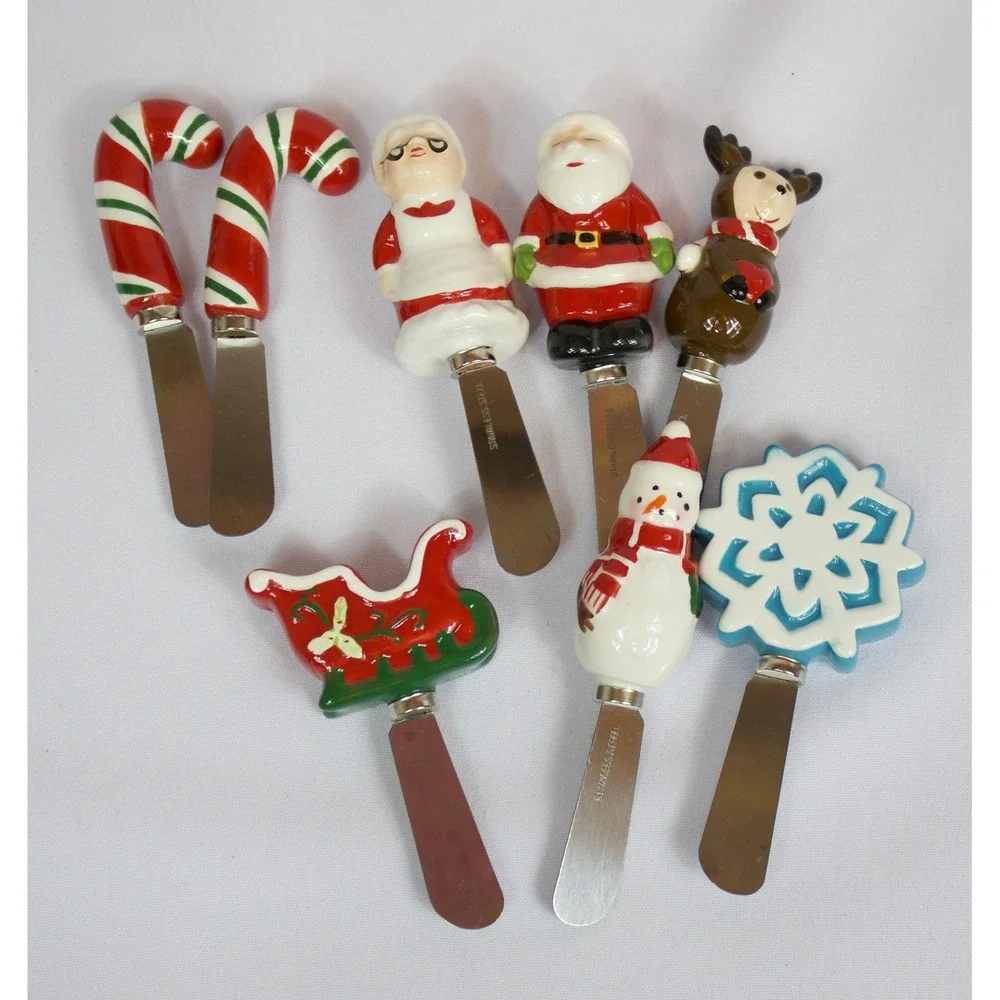 Christmas Holiday Cheese Spreaders Set of 8 Stainless Steel Appetizer Knives